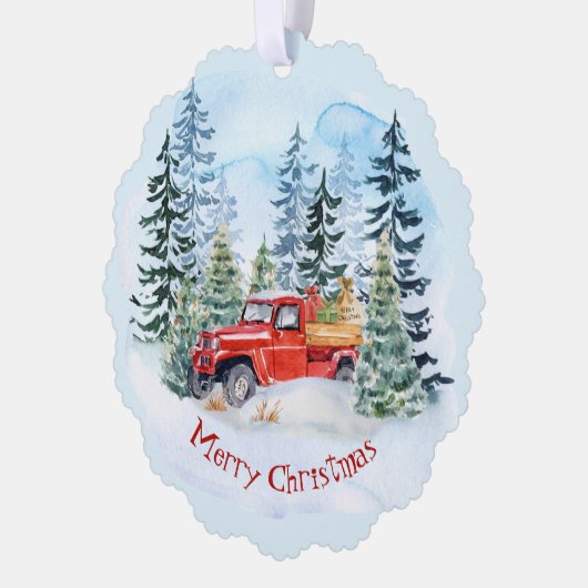 Kerst  rode vrachtwagen sneeuwman familie ornament kaart (Links)