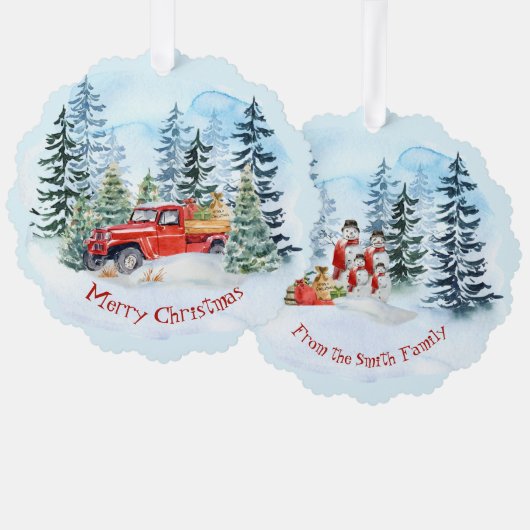 Kerst  rode vrachtwagen sneeuwman familie ornament kaart (Voorkant / Achterkant)