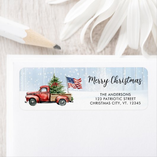 Kerst  Rode Vrachtwagen US Flag Retouradres Etiket (Insitu)