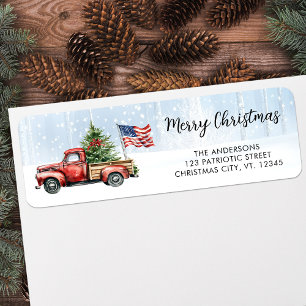 Kerst Rode Vrachtwagen US Flag Retouradres Etiket