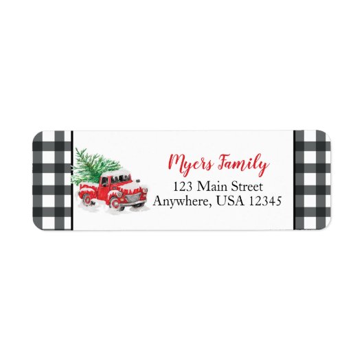 Kerst rode vrachtwagen zwarte buffel geruite stick etiket (Voorkant)
