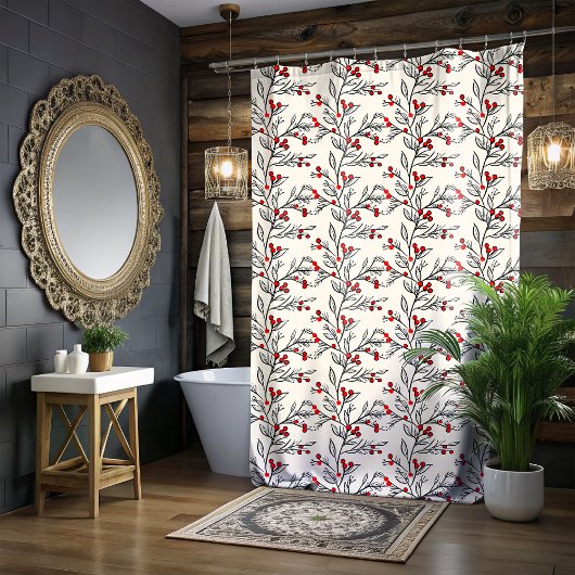 Kerst Rode Winterberry Art Douchegordijn