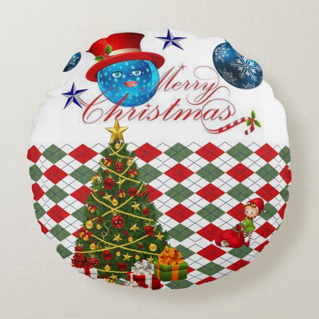 Kerst Rond Kussen, Prettig Kerstfeest Kussen (Voorkant)