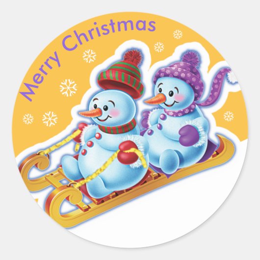 Kerst rond sticker Sneeuwmannen Sneeuwsporten. (Voorkant)