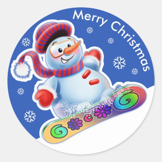 Kerst rond sticker Sneeuwmannen Sneeuwsporten. (Voorkant)