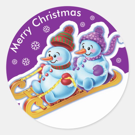 Kerst rond sticker Sneeuwmannen Sneeuwsporten. (Voorkant)