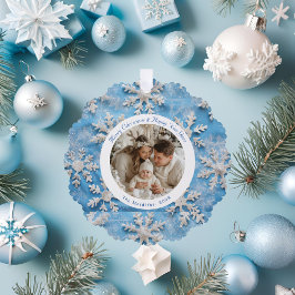 Kerst Ronde Blauwe Sneeuwvlok Foto Ornament Kaart