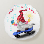 Kerst Ronde Kussen Gnoom met Skateboard (Voorkant)