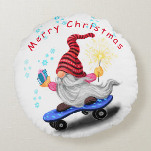Kerst Ronde Kussen Gnoom met Skateboard