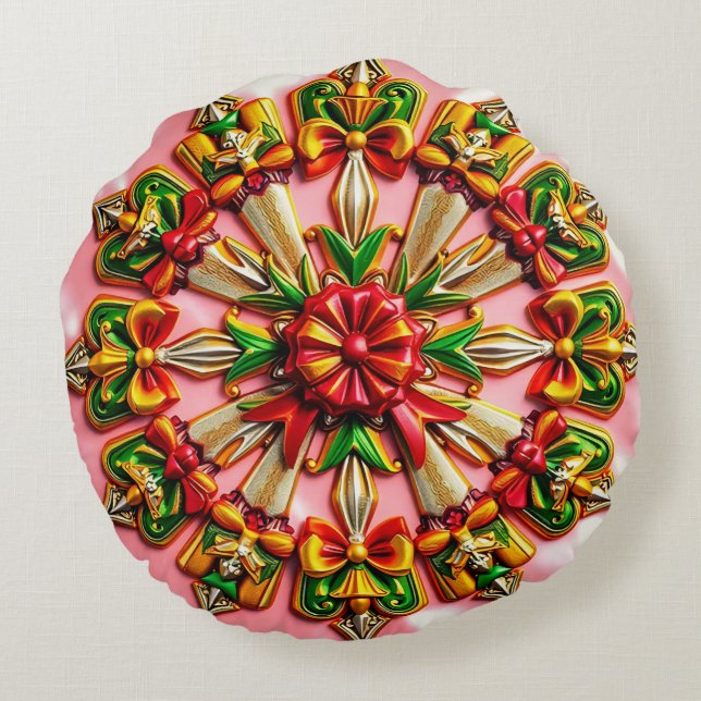 KERST ~ Ronde kussen ~ rood groen goud geel (Achterkant)