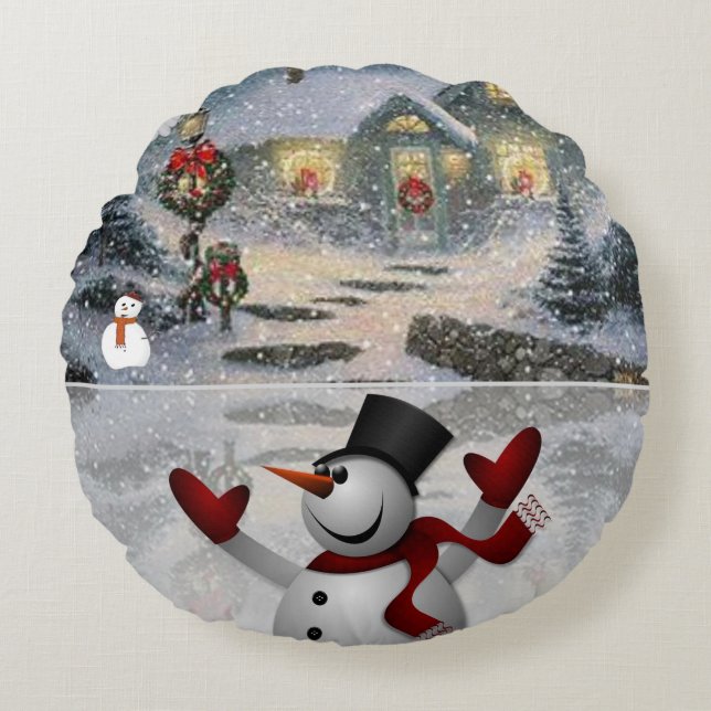 Kerst ronde kussen, Sneeuwman Rond Kussen (Voorkant)