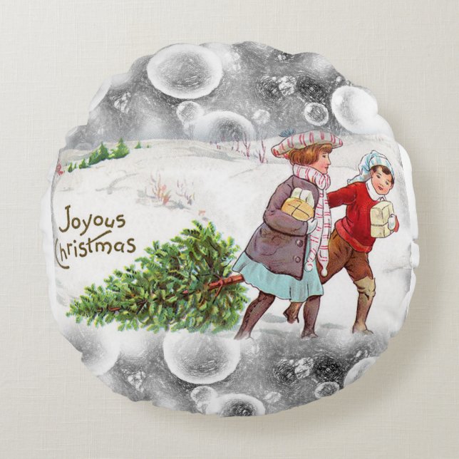 Kerst ronde kussen, vintage rond kussen (Voorkant)