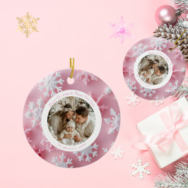 Kerst Ronde Roze Sneeuwvlok Foto Keramisch Ornament