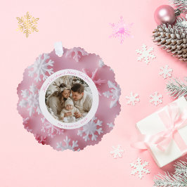 Kerst Ronde Roze Sneeuwvlok Foto Ornament Kaart
