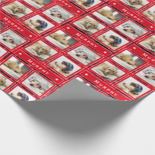 Kerst Rood 4 Foto Hond Collage Pet Naam toevoegen Cadeaupapier