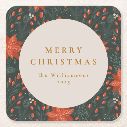Kerst  Rood Botanisch Groen Aangepast Kartonnen Onderzetters (Voorkant)
