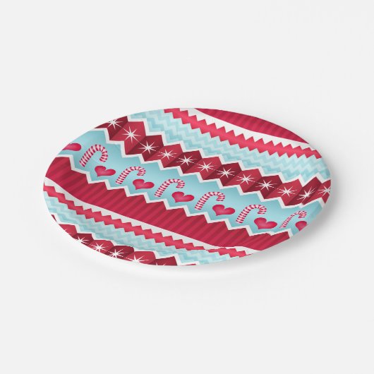 Kerst rood en blauw Chevron strepen patroon Papieren Bordje (Gekanteld)