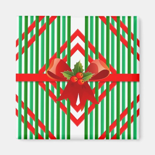 Kerst Rood en Groen Gestreepte Boog Gift Magnet (Voorkant)