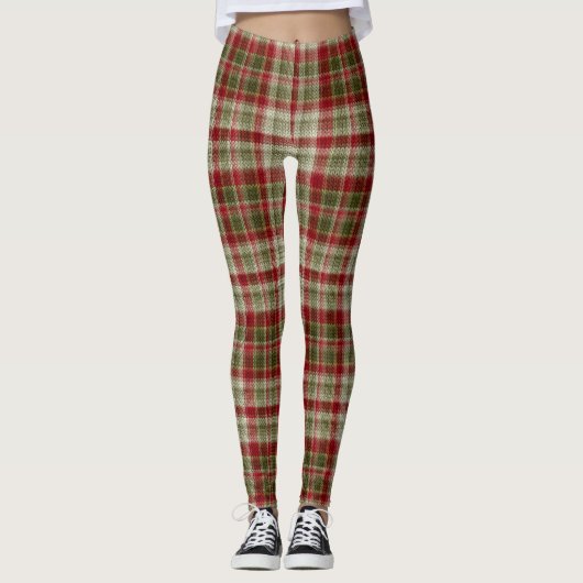 Kerst Rood en Groen Plaid Breien Patroon Leggings (Voorkant)