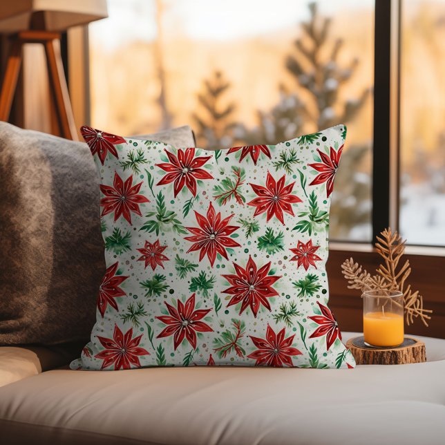 Kerst Rood en Groen Poinsettia Bloemen Kussen (Christmas Red and Green Poinsettia Floral Throw Pillow)