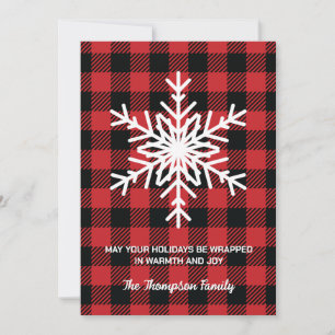 Kerst Rood en Zwart Plaid met Grote Sneeuwvlok Feestdagenkaart