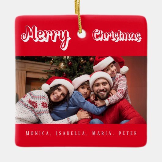 Kerst rood familie foto namen modern keramisch ornament (Voorkant)