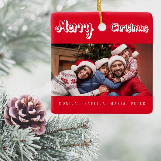 Kerst rood familie foto namen modern keramisch ornament