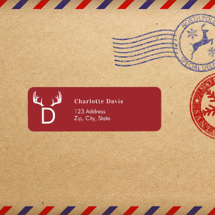 Kerst rood gewei monogram retour adres etiket