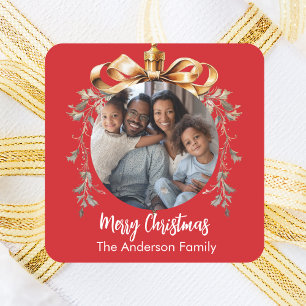 Kerst rood goud Bauble familiefoto Vierkante Sticker