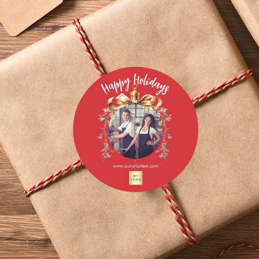 Kerst rood goud bauble team foto logo ronde sticker