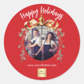 Kerst rood goud bauble team foto logo ronde sticker (Voorkant)