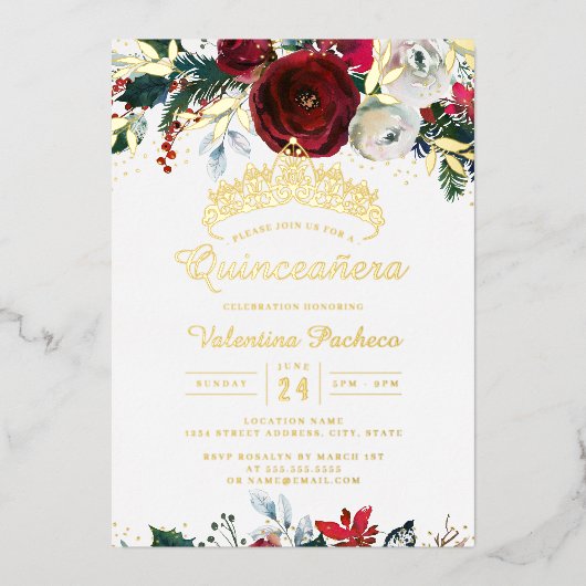 Kerst Rood Goud Feestelijk gebladerte Quinceanera Folie Uitnodiging (Voorkant)