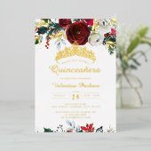 Kerst Rood Goud Feestelijk gebladerte Quinceanera Folie Uitnodiging (Staand Voorkant)