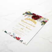 Kerst Rood Goud Feestelijk gebladerte Quinceanera Folie Uitnodiging (Gedraaid)