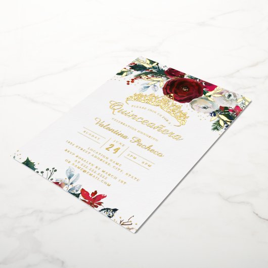 Kerst Rood Goud Feestelijk gebladerte Quinceanera Folie Uitnodiging (Gedraaid)