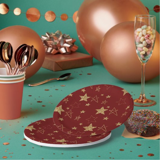 Kerst Rood Goud Glitter Stars Papieren Bordje (Multi)