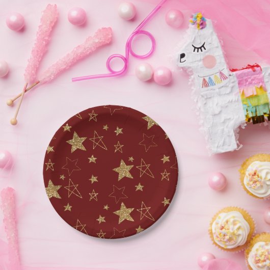 Kerst Rood Goud Glitter Stars Papieren Bordje (Feest)