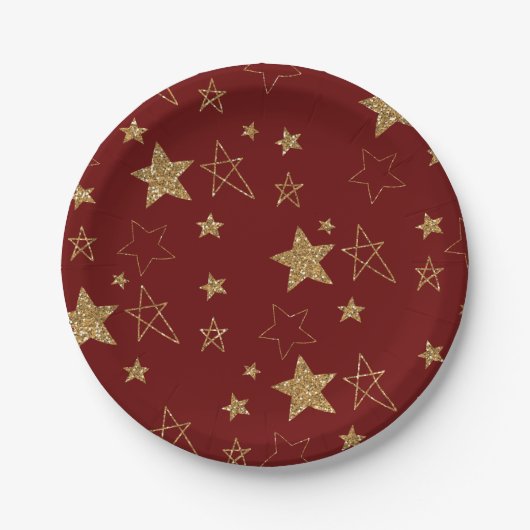 Kerst Rood Goud Glitter Stars Papieren Bordje (Voorkant)