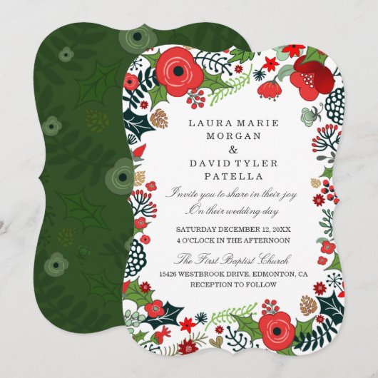 Kerst Rood & Groen Bloemen Huwelijksuitnodigingen Kaart (Voorkant / Achterkant)