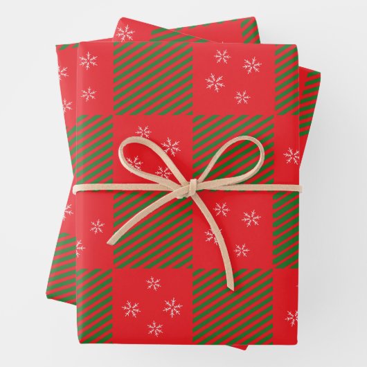 Kerst Rood Groen Geplaagd Patroon Sneeuwvlokken Inpakpapier Vel (In situ)