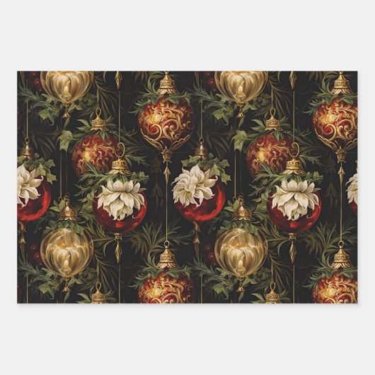 Kerst Rood Groen Goud Ornamenten Inpakpapier Vel (Voorkant 3)