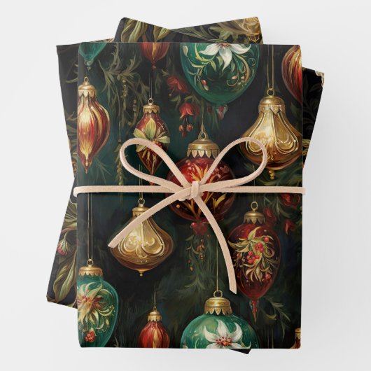 Kerst Rood Groen Goud Ornamenten Inpakpapier Vel (In situ)