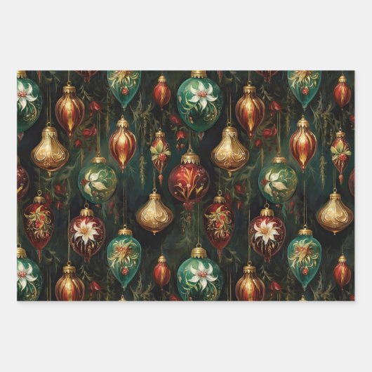 Kerst Rood Groen Goud Ornamenten Inpakpapier Vel (Voorkant)