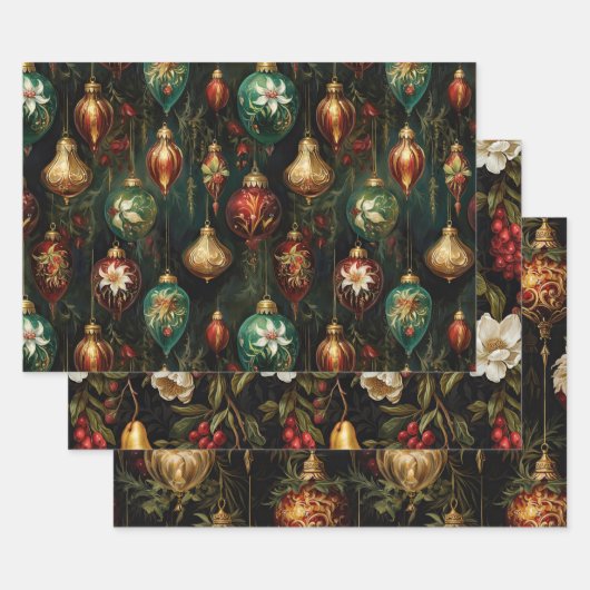 Kerst Rood Groen Goud Ornamenten Inpakpapier Vel (Set)