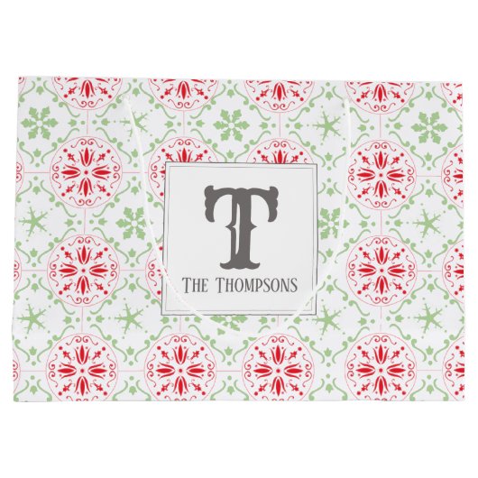 Kerst Rood Groen Monogram Sneeuwvlok Monogram Groot Cadeauzakje (Achterkant)