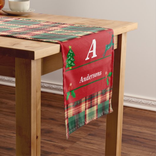 Kerst Rood Groen Plaid Aangepast Monogram & Naam Korte Tafelloper (Voorbeeld)