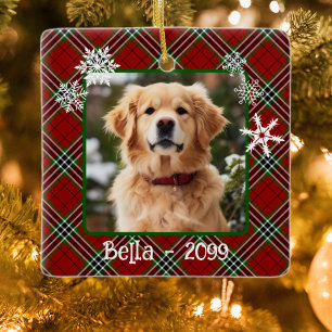 Kerst rood groen plaid sneeuwvlokken Dog keepsake Keramisch Ornament