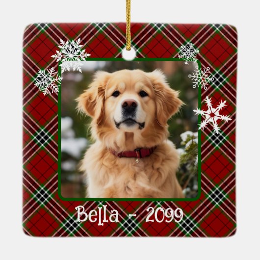 Kerst rood groen plaid sneeuwvlokken Dog keepsake Keramisch Ornament (Achterkant)