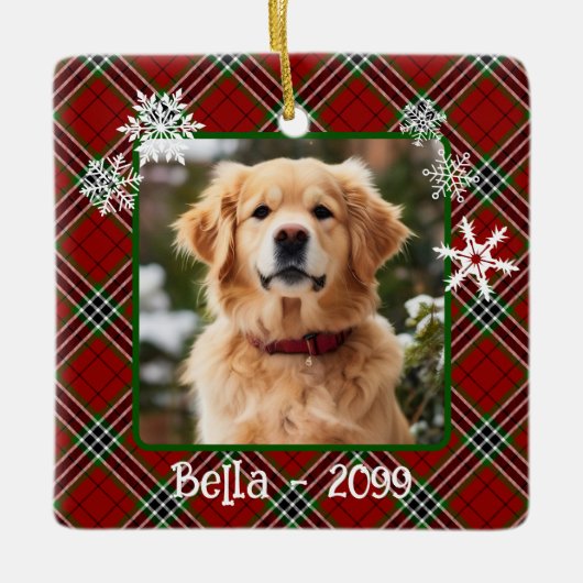 Kerst rood groen plaid sneeuwvlokken Dog keepsake Keramisch Ornament (Voorkant)