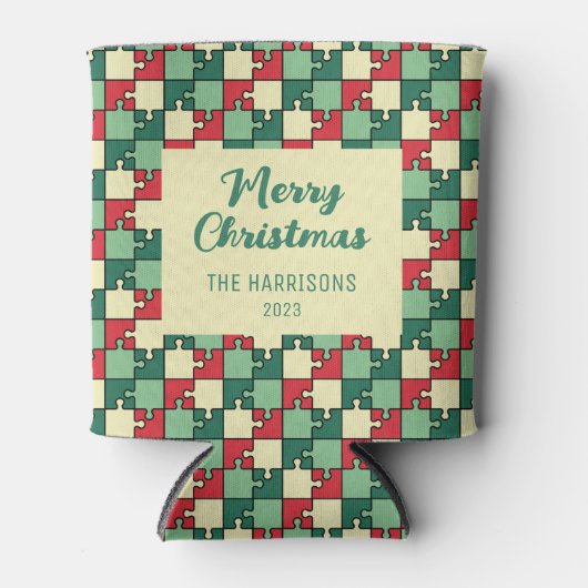 Kerst rood groen puzzel stuk geometrisch blikjeskoeler (Voorkant)